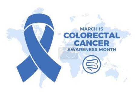 March is Colorectal Cancer Awareness Month vector illustration. Blue awareness cancer ribbon and world map icon vector isolated on a white background. Important day