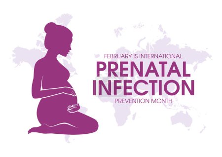 Illustration for February is International Prenatal Infection Prevention Month vector. Profile view attractive pregnant kneeling woman purple silhouette icon vector. Important day - Royalty Free Image