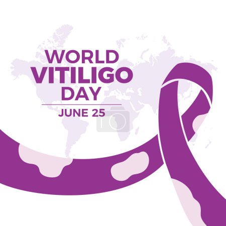 Illustration for World Vitiligo Day vector illustration. Purple awareness ribbon and world map silhouette icon vector isolated on a white background. June 25. Important day - Royalty Free Image