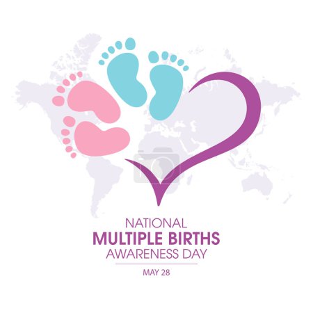 Illustration for National Multiple Births Awareness Day vector illustration. Baby footprint and heart shape icon vector. Pink and blue baby footprint silhouette. May 28. Important day - Royalty Free Image