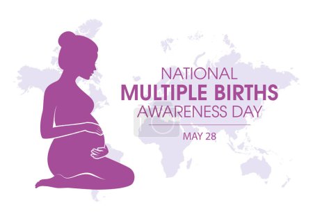 Illustration for National Multiple Births Awareness Day vector illustration. Profile view attractive pregnant kneeling woman purple silhouette icon vector. May 28. Important day - Royalty Free Image