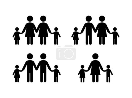 Illustration for Different types of families black silhouette icon set vector. Stylized figures of people graphic design element isolated on a white background. Parents and children icons. LGBT family holding hands symbol - Royalty Free Image