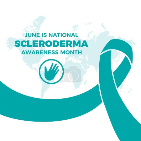 Junio es la ilustración vectorial del Mes Nacional de Concientización de la Esclerodermia. Cinta de reconocimiento Teal, vector de icono de mano. Enfermedad crónica del tejido conectivo autoinmune. Día importante