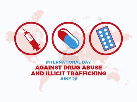 Illustration for International Day Against Drug Abuse and Illicit Trafficking vector illustration. Drugs, pills, injection syringe round icon set vector. June 26 every year. Important day - Royalty Free Image