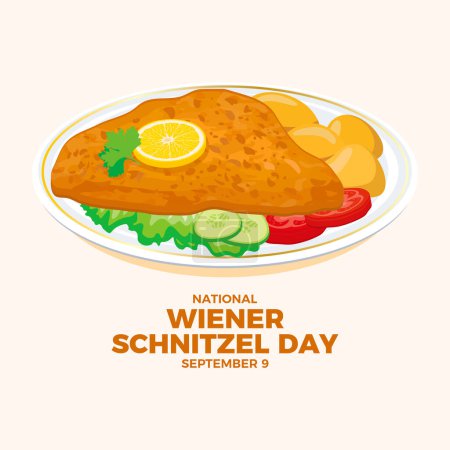 Téléchargez les illustrations : Illustration vectorielle de la Journée nationale Wiener Schnitzel. Schnitzel de veau frit avec pommes de terre et légumes garniture icône vecteur. Cuisine autrichienne spécialité. Le 9 septembre chaque année. Jour important - en licence libre de droit
