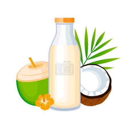 Téléchargez les illustrations : Bouteille en verre d'illustration vectorielle de lait de coco. Dessin alternatif au lait végétal. Bouteille de lait végétal, vecteur icône de noix de coco coupée en deux marron et vert sur fond blanc - en licence libre de droit