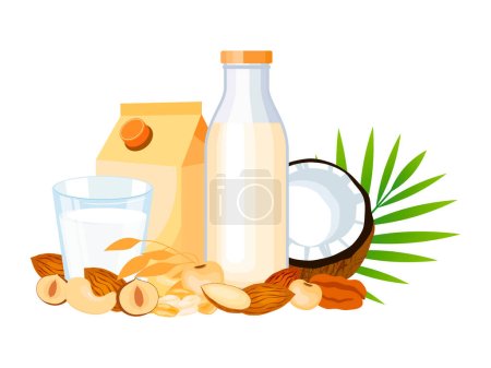 Plant-based milk glass and box vector illustration. Plant-based milk alternatives drawing. Glass of plant milk with nuts, oat, soybean, coconut vector illustration. Carton of vegetable milk vector on a white background