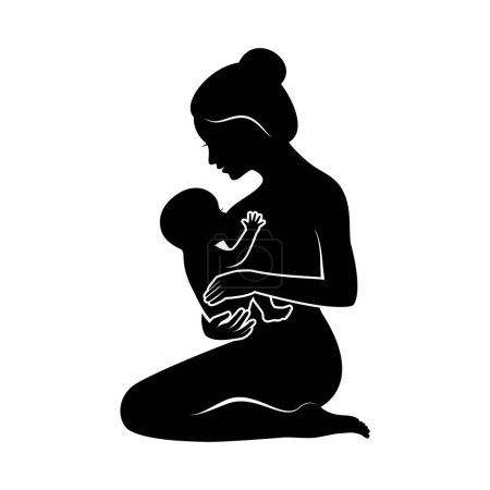 Illustration for Woman breastfeeding newborn baby black silhouette icon vector. Nursing woman with baby graphic design element isolated on a white background. Kneeling mother holding her little child symbol vector - Royalty Free Image