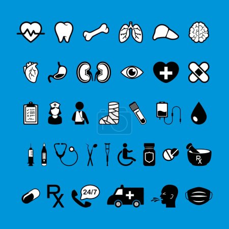 Illustrazione per In bianco e nero medico e sanitario molti set di icone vettore. Simboli medici e sanitari isolati su sfondo blu. Apparecchiature mediche ospedaliere elemento grafico di progettazione - Immagini Royalty Free