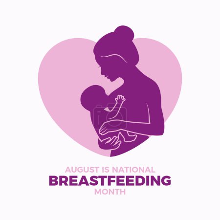 Illustration for August is national Breastfeeding Month vector illustration. Woman breastfeeding newborn baby purple silhouette icon vector. Nursing mother with baby symbol. Important day - Royalty Free Image