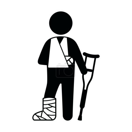 Illustration for Person with a broken leg and arm icon vector. Man with a broken arm and leg in a cast with a crutch icon isolated on a white background. Health care symbol graphic design element - Royalty Free Image