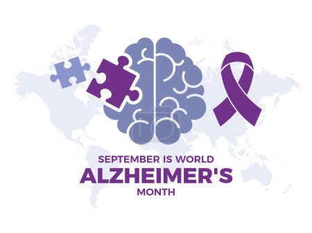 Septembre est l'illustration vectorielle du Mois mondial de la maladie d'Alzheimer. Ruban de sensibilisation violet, cerveau humain et pièce de puzzle vecteur icône. Personne atteinte de la maladie d'Alzheimer dessin. Symbole de santé mentale. Jour important