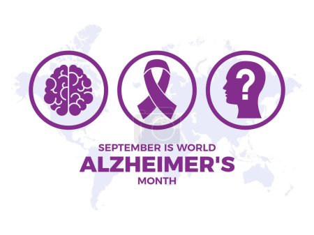Illustration for September is World Alzheimer's Month vector illustration. Purple awareness ribbon, human brain and head silhouette icon vector. Person with Alzheimer's disease drawing. Mental health symbol - Royalty Free Image
