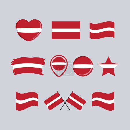 Ilustración de Letonia icono de la bandera establece vector aislado sobre un fondo gris. Elemento de diseño gráfico Bandera Letona. Colección de símbolos Bandera de Letonia. Conjunto de iconos de bandera de Letonia en estilo plano - Imagen libre de derechos