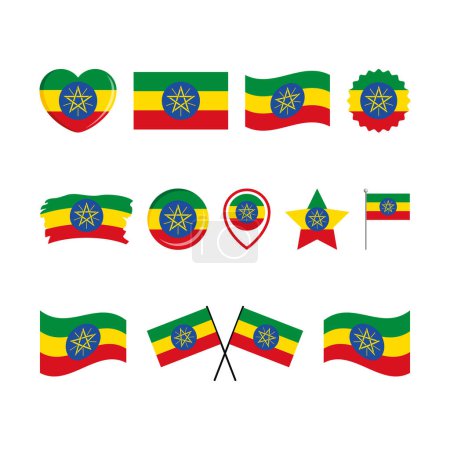 Ethiopia flag icon set vector isolated on a white background. Ethiopian Flag graphic design element. Flag of Ethiopia symbols collection. Set of Ethiopia flag icons in flat style