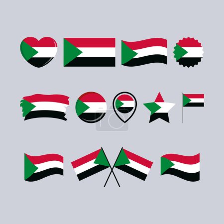 Ilustración de Sudán icono de la bandera establece vector aislado sobre un fondo gris. Bandera sudanesa elemento de diseño gráfico. Colección de símbolos Bandera de Sudán. Conjunto de iconos de la bandera de Sudán en estilo plano - Imagen libre de derechos