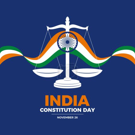 Illustration for Constitution Day or National Law Day of India poster vector illustration. Indian flag with weight scale of justice icon vector. November 26 every year. Important day - Royalty Free Image