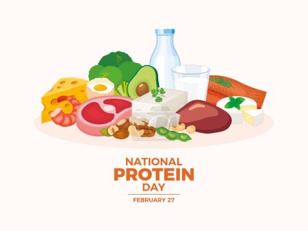 Illustration for National Protein Day poster vector illustration. Meat, milk, cheese, tofu, nuts and other proteins still life vector. Pile of fresh healthy foods graphic design element. February 27 every year. Important day - Royalty Free Image