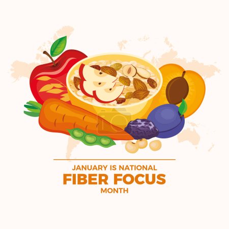 Illustration for January is National Fiber Focus Month poster vector illustration. Bowl of oatmeal, fruit, vegetables, nuts icon vector. Healthy cereal breakfast with apple, carrot, plum, apricot drawing - Royalty Free Image