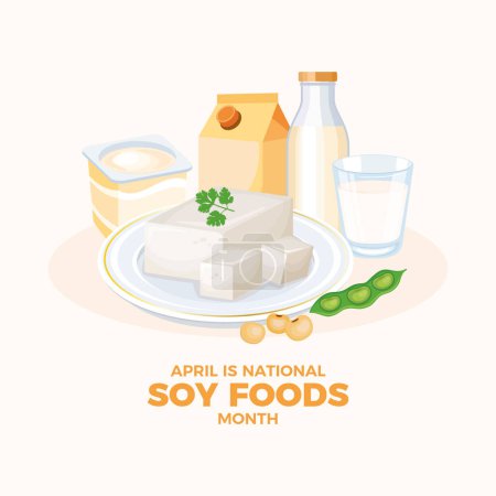 Illustration for April is National Soy Foods Month poster vector illustration. Soy products, tofu, milk, yogurt icon set. Plant-based food and drink drawing. Natural tofu cubes on a plate vector. Important day - Royalty Free Image