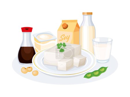 Illustration for Soy products, tofu, milk, yogurt, soy sauce bottle vector illustration. Soy foods icon set isolated on a white background. Plant-based food and drink drawing. Natural tofu cubes on a plate vector - Royalty Free Image