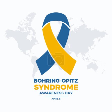 Illustration for Bohring-Opitz Syndrome Awareness Day poster vector illustration. Rare genetic condition symbol. Yellow and blue awareness ribbon and world map icon vector. April 6 each year. Important day - Royalty Free Image