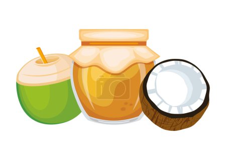 Ilustración de Mermelada de coco kaya en tarro de vidrio y coco fresco vector ilustración. Vidrio de coco dulce elemento de diseño de propagación. Conjunto de iconos de tarro de mermelada de coco aislado sobre un fondo blanco - Imagen libre de derechos