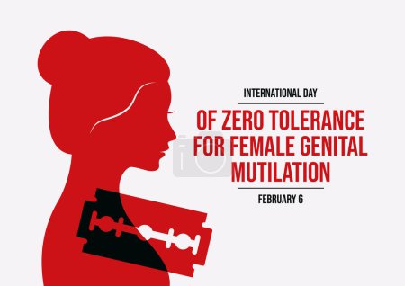 Téléchargez les illustrations : Journée internationale de tolérance zéro pour les mutilations génitales féminines illustration vectorielle de l'affiche. Profil femme avec lame de rasoir silhouette icône vecteur. Arrêtez la violence des MGF contre les femmes. Le 6 février. Jour important - en licence libre de droit