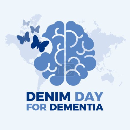 Jeans-Tag für Demenz Plakatvektor Illustration. Menschliches Gehirn und Schmetterlinge blauer Symbolvektor. Symbol für psychische Gesundheit. Person mit Alzheimer-Symbol. Wichtiger Tag