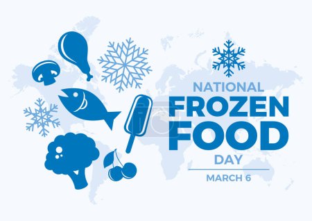 Illustration for National Frozen Food Day poster vector illustration. Frozen food blue simple icon set. Template for background, banner, card. March 6 every year. Important day - Royalty Free Image