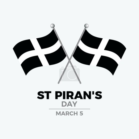 St Piran's Day poster with Cornwall flag vector illustration. Two crossed Saint Piran's flags on a pole icon. Flag of Cornwall symbol. Suitable for card, background, banner. March 5 every year. Important day