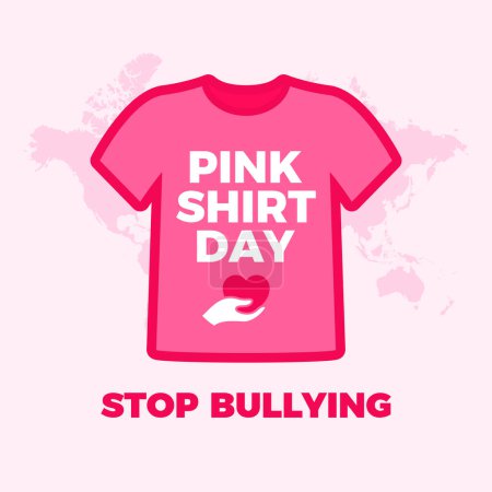 Tag des rosafarbenen Hemdes - Stoppt Mobbing-Kampagnenplakate. Pinkfarbenes T-Shirt mit Textsymbol. Herz in der Handfläche des Symbols. Geeignet für Karte, Hintergrund, Banner. Wichtiger Tag