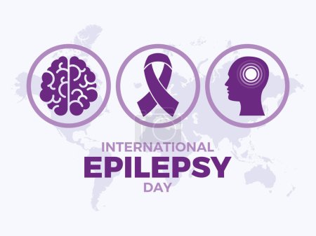 International Epilepsy Day poster vector illustration. Purple epilepsy awareness ribbon, human brain and head silhouette round icon set. Suitable for card, background, banner. February every year. Important day