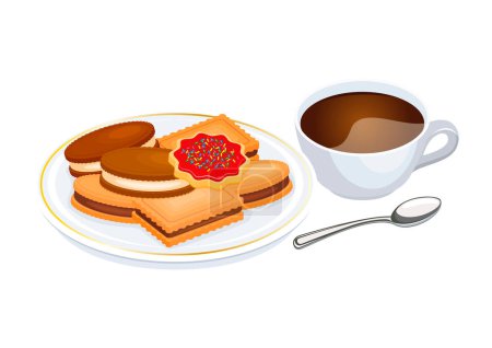 Biscuit and cup of coffee vector illustration. Cup of coffee and cookies on a plate icon set vector isolated on a white background. Delicious tea cakes icon. Different types of biscuits vector. Shortbread cookie drawing