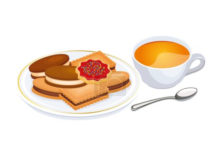 Illustration for Biscuit and cup of tea vector illustration. Cup of tea and cookies on a plate icon set vector isolated on a white background. Afternoon tea vector. Shortbread cookie drawing - Royalty Free Image