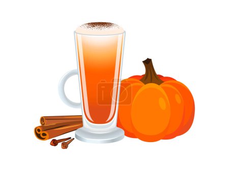Pumpkin spice latte with froth milk vector illustration. Pumpkin latte coffee with cinnamon icon vector isolated on a white background. Coffee in a tall glass with a handle graphic design element