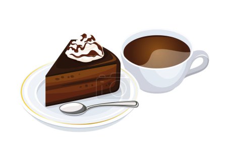 Illustration for Chocolate cake and cup of coffee drink vector illustration. Cup of coffee and chocolate cake with whipped cream icon set vector isolated on a white background. Piece of cake drawing - Royalty Free Image