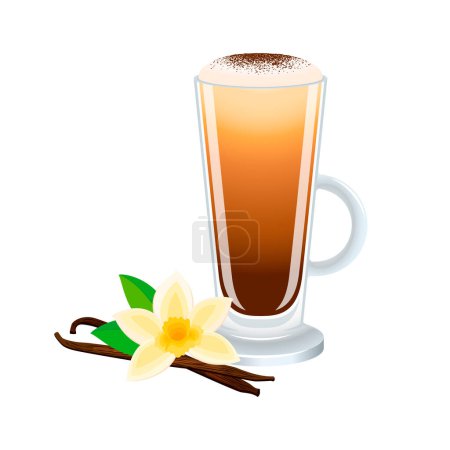 Ilustración de Vanilla latte with vanilla flower and pod vector illustration. Latte with froth milk icon vector isolated on a white background. Coffee in a tall glass with a handle graphic design element - Imagen libre de derechos