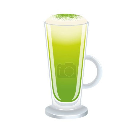 Matcha latte with froth milk vector illustration. Green matcha tea latte drink icon vector isolated on a white background. Latte in a tall glass with a handle graphic design element