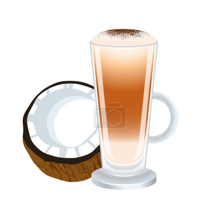 Ilustración de Latte de coco con ilustración de vectores de leche espumosa. Latte con vector icono de coco aislado sobre un fondo blanco. Café en un vaso alto con un elemento de diseño gráfico mango - Imagen libre de derechos