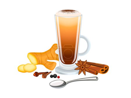 Illustration for Chai latte with ginger, cinnamon, spices vector illustration. Chai latte with froth milk icon vector isolated on a white background. Chai latte in a tall glass with a handle drawing - Royalty Free Image