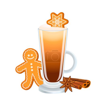 Ilustración de Latte de jengibre con hombre de jengibre, estrella, ilustración de vectores de canela. Latte con galletas de jengibre vector icono aislado sobre un fondo blanco. Café en un vaso alto con un dibujo de mango - Imagen libre de derechos