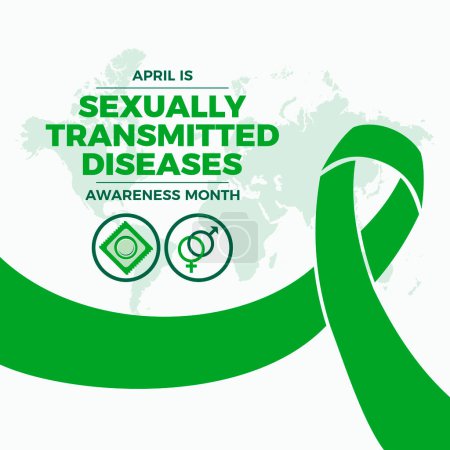 Ilustración de April is Sexually Transmitted Diseases (STD) Awareness Month poster vector illustration (en inglés). Vector de icono de cinta de conciencia verde. Plantilla para fondo, banner, tarjeta, póster. Día importante - Imagen libre de derechos