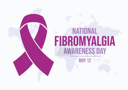 Illustration zum Nationalen Tag des Fibromyalgie-Bewusstseins Lila Awareness Ribbon und Weltkarte Icon Vektor. Vorlage für Hintergrund, Banner, Karte, Plakat. Jedes Jahr am 12. Mai. Wichtiger Tag