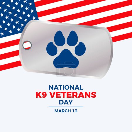 National K9 Veterans Day Plakatvektorillustration. Armee-Metallabzeichen mit Icon-Vektor für Hundepfoten. Amerikanische Flagge und Dog-Tag Vektor. Vorlage für Hintergrund, Banner, Karte. Jedes Jahr am 13. März. Wichtiger Tag