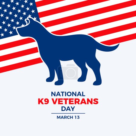 Illustration for National K9 Veterans Day poster vector illustration. Silhouette of a military working dog and american flag vector. Template for background, banner, card. March 13 every year. Important day - Royalty Free Image