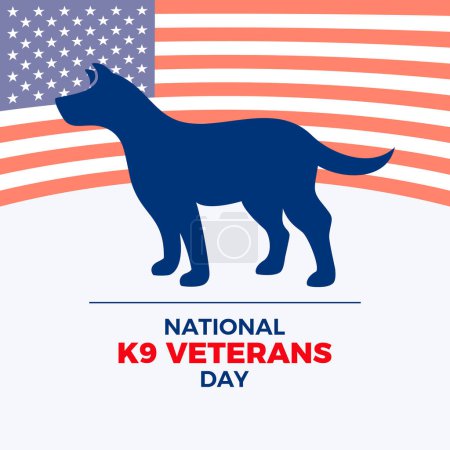 National K9 Veterans Day Plakatvektorillustration. Silhouette eines militärischen Arbeitshundes und amerikanischer Fahnenvektor. Vorlage für Hintergrund, Banner, Karte. Jedes Jahr am 13. März. Wichtiger Tag
