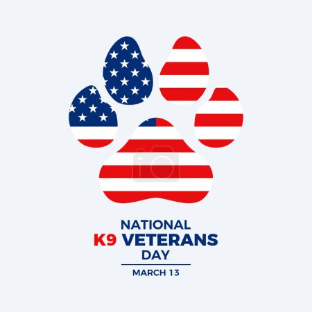 National K9 Veterans Day Plakatvektorillustration. Pfotenabdruck mit amerikanischem Flaggensymbol. Militärischer Arbeitshund als Symbol. Vorlage für Hintergrund, Banner, Karte. Jedes Jahr am 13. März. Wichtiger Tag