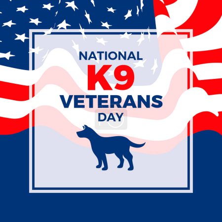 National K9 Veterans Day Plakatvektorillustration. Silhouette eines militärischen Arbeitshundes und amerikanischer Fahnenvektor. Vorlage für Hintergrund, Banner, Karte. Jedes Jahr am 13. März. Wichtiger Tag