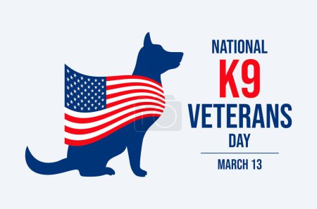 National K9 Veterans Day Plakatvektorillustration. Silhouette eines militärisch arbeitenden sitzenden Hundes und Ikonenvektor der amerikanischen Flagge. Vorlage für Hintergrund, Banner, Karte. Jedes Jahr am 13. März. Wichtiger Tag